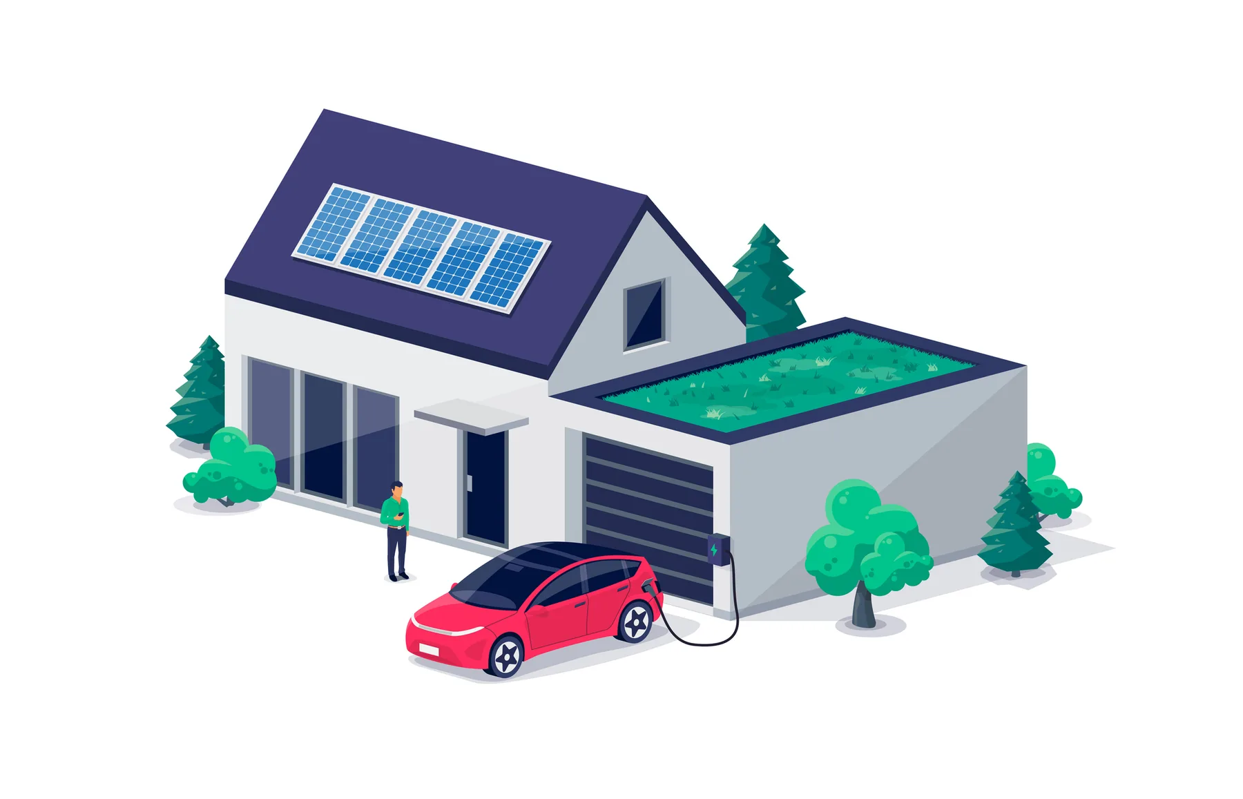 Maison avec panneaux solaires, garage et voiture électrique en recharge sur borne MATEA